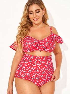 *SALE 2/$20* Red Floral High-Waist Ruffle Bikini Top and Bottom Set Size L